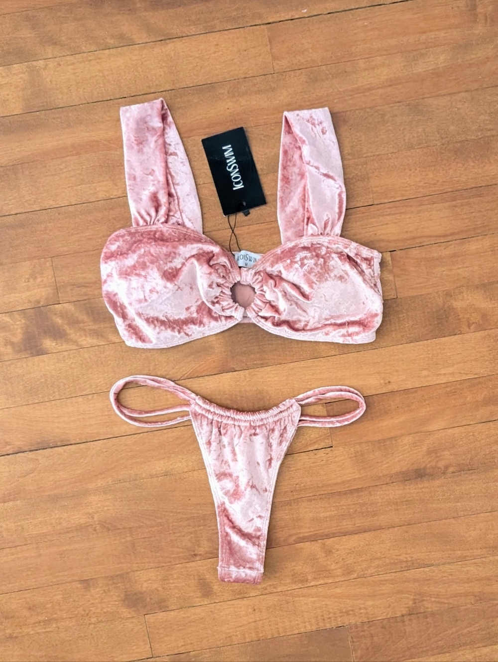 NWT Icon Swim Pink Crushed Velvet Thong Bikini